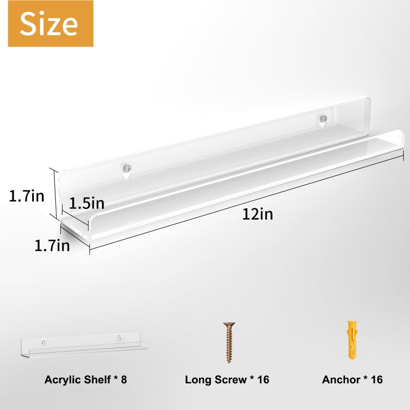 Laurensory Vinyl Record Shelf Wall Mount, 12 inch Clear Acrylic Album Record Holder Display, Kids Bookshelf, Floating Wall Shelves for Bathroom, Bedroom, Living Room, Kitchen, 8 Pack - Image 4